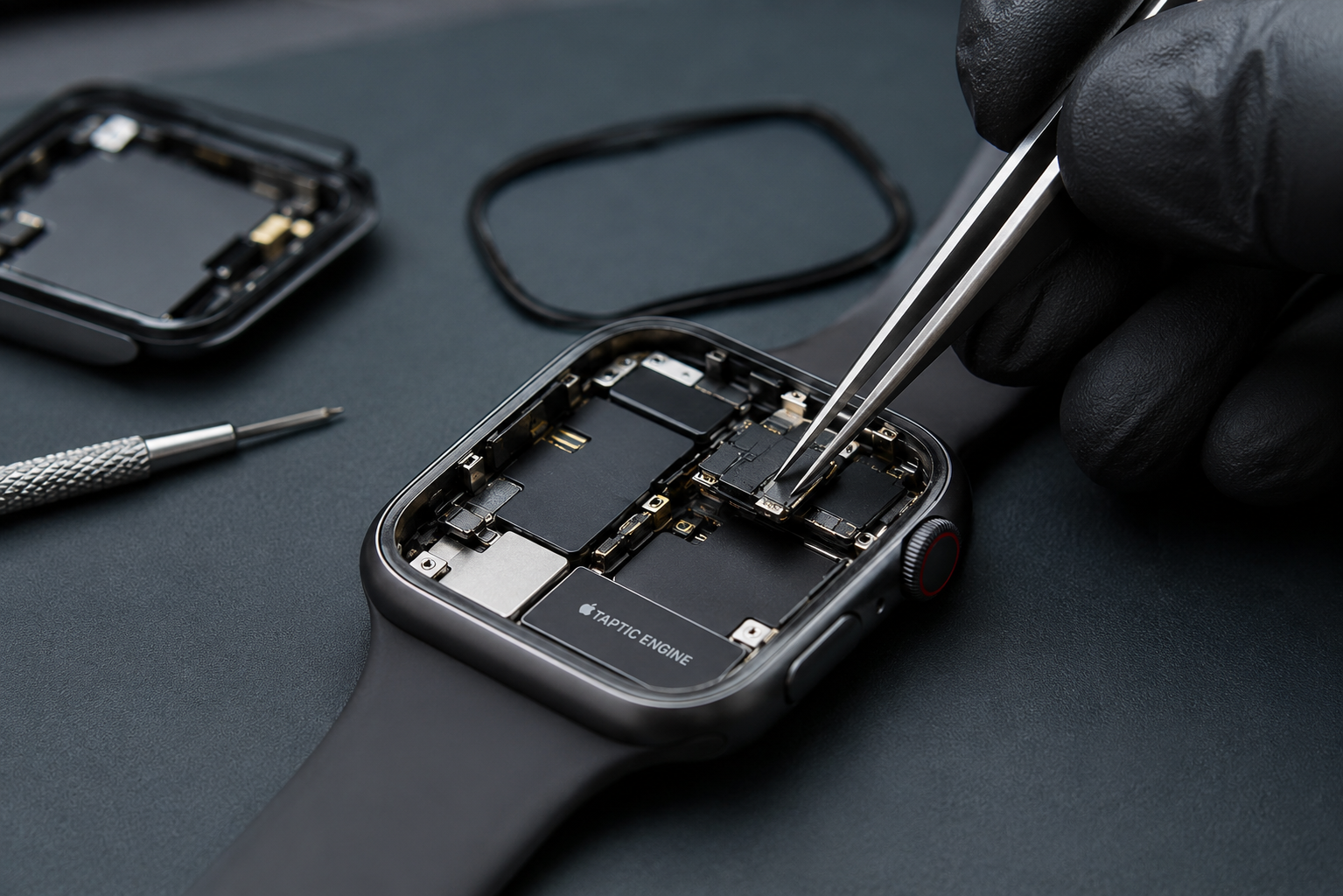 Apple Watch screen repair in progress on a work bench