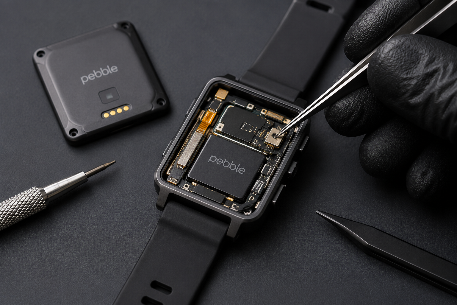 Pebble smartwatch repair in progress on a work bench