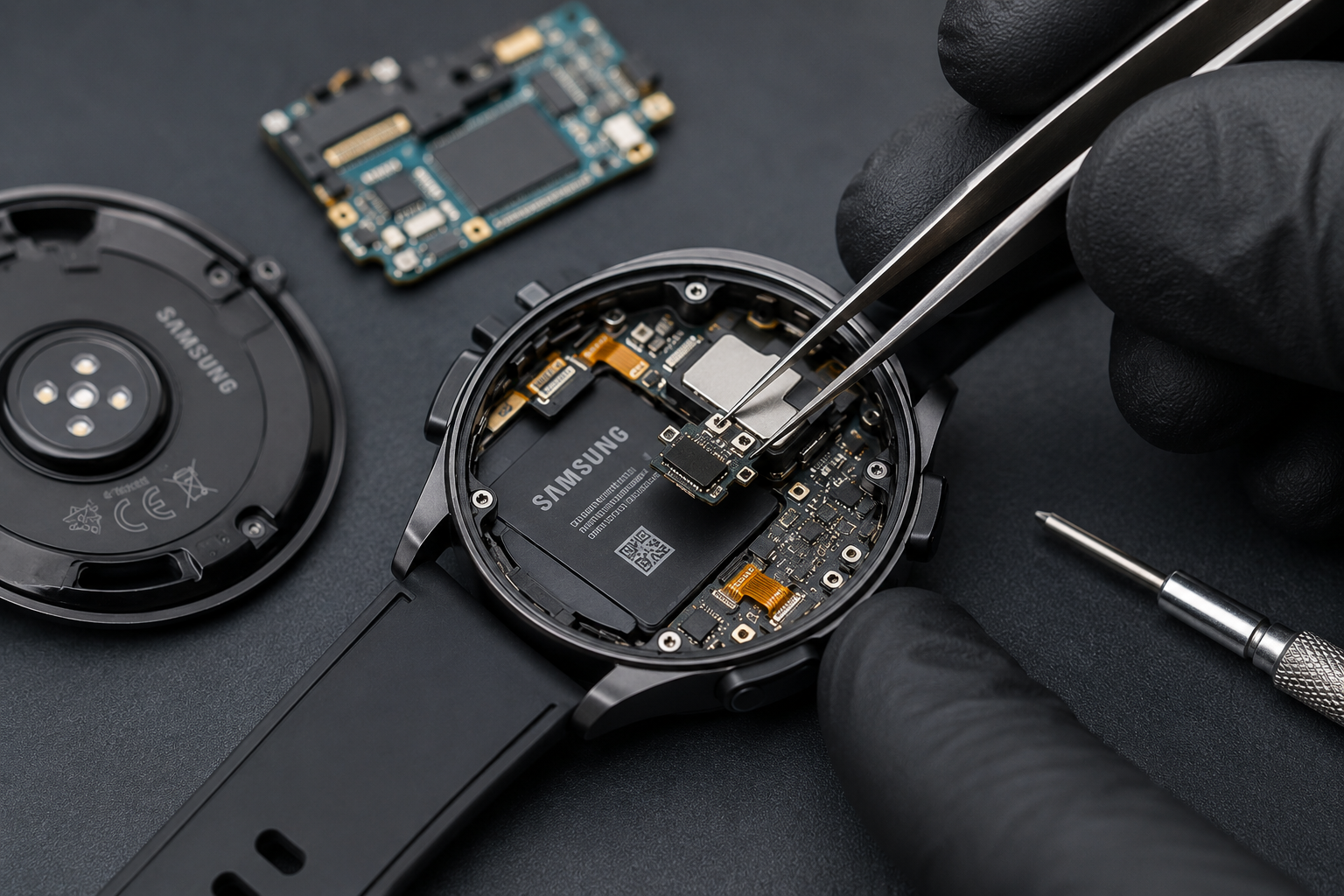 Samsung Galaxy Watch screen repair in progress on a work bench