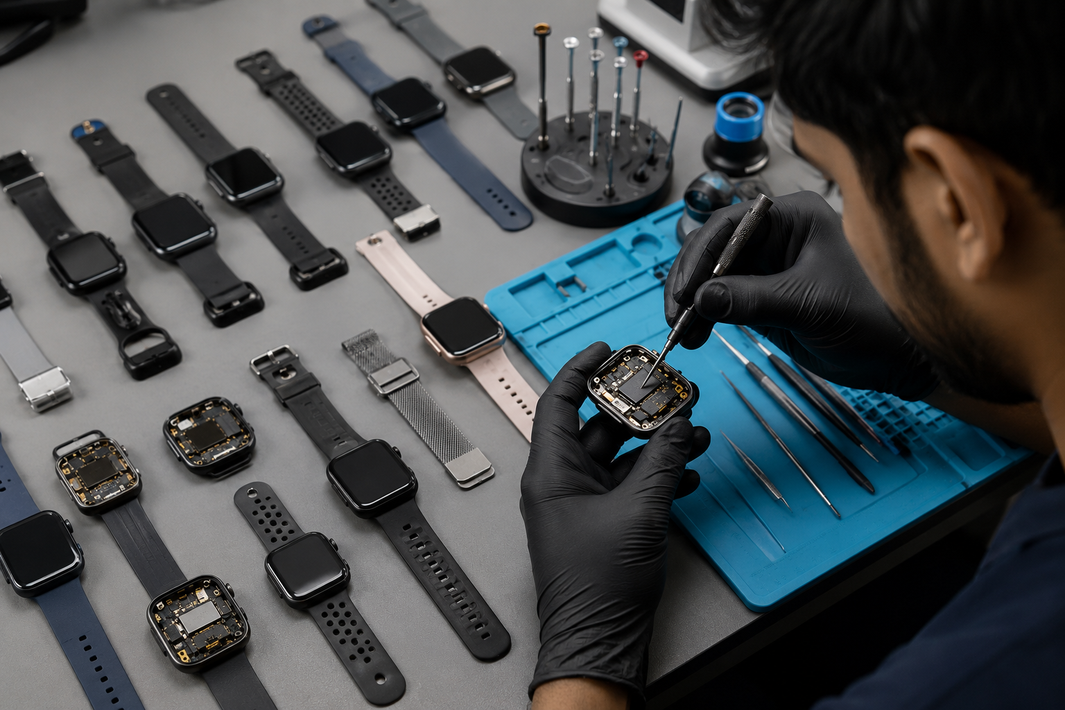 Fitbit smartwatch repair in progress on a work bench