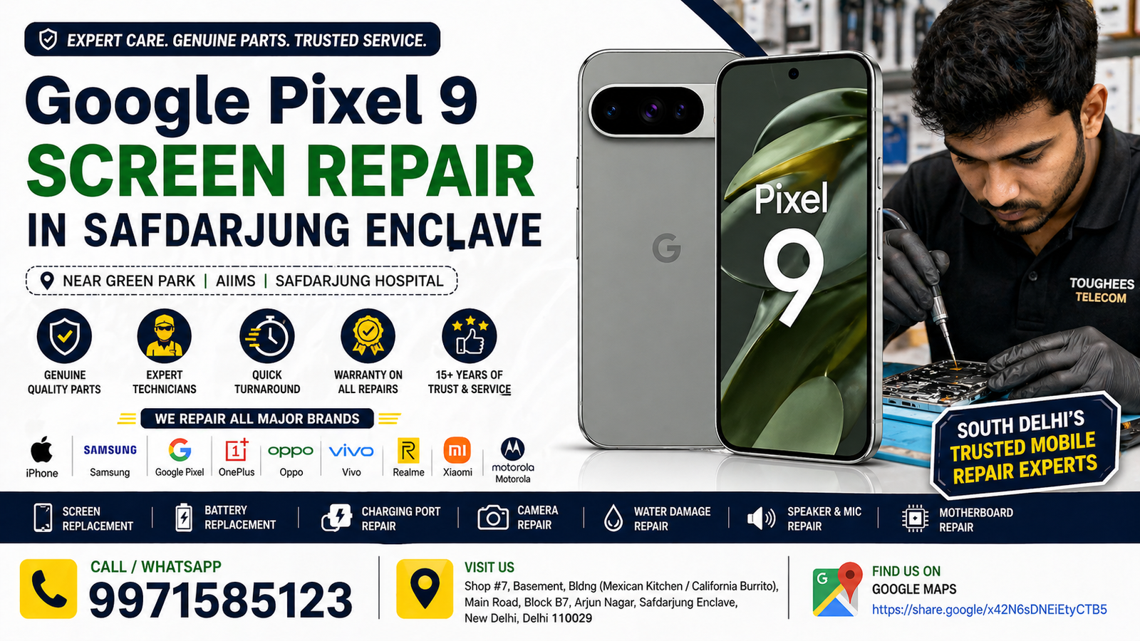 Google Pixel 9 screen repair in Safdarjung Enclave near Green Park AIIMS Delhi